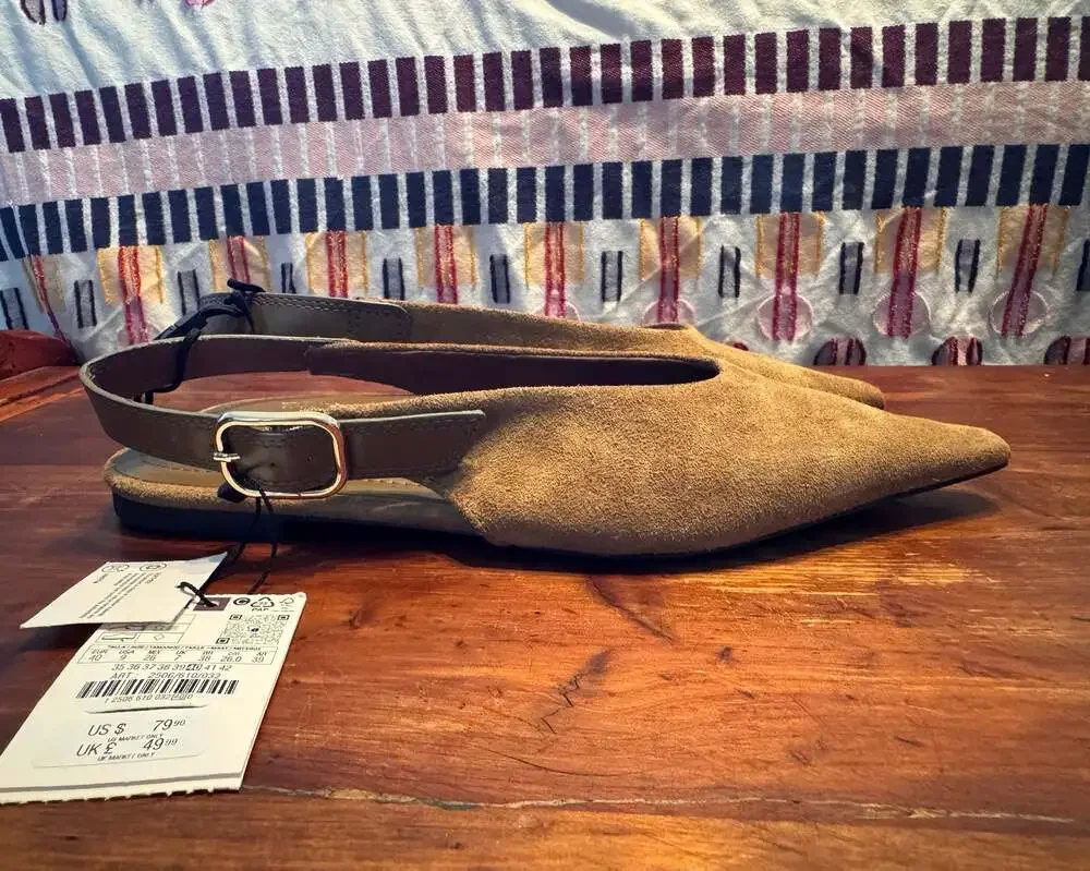 New Zara Suede Slingback Pointed Toe Flat Shoes Size 9 - Picture 5 of 8